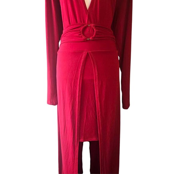 Curvy Sense 2X Red maxi dress long sleeve belted waist, and deep V-neckline - Picture 2 of 4